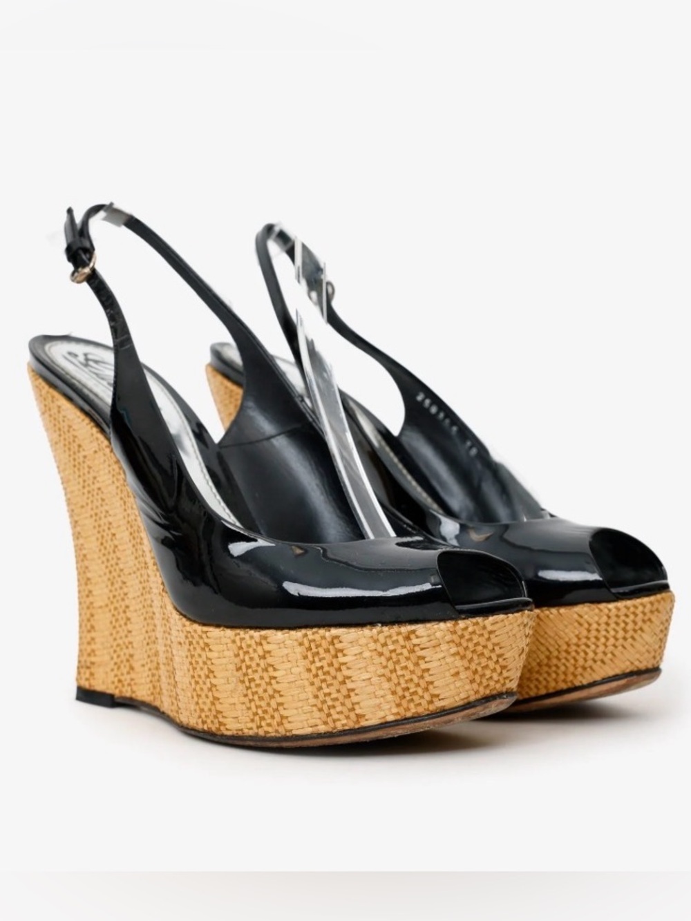 Gucci Black Patent Open Toe Wedges